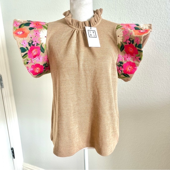 THML Tan Top with Pink Floral Sleeves - Picture 1 of 4